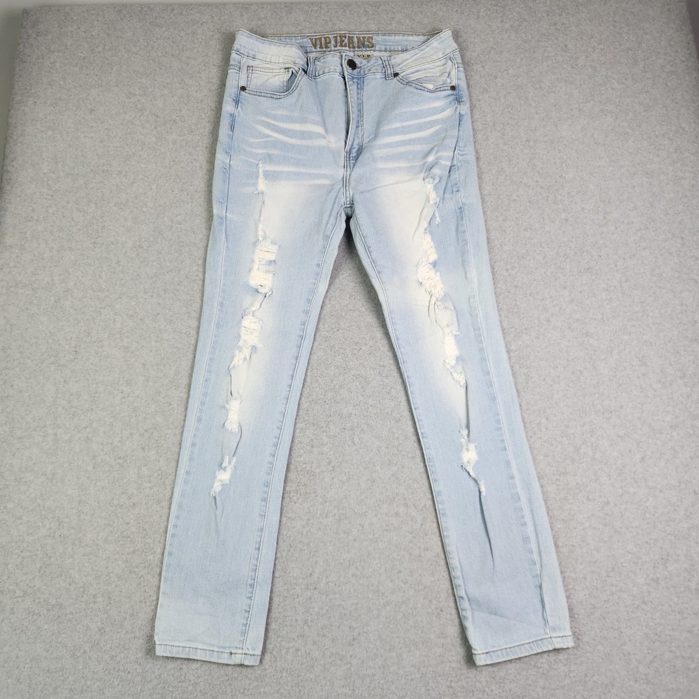 VIP Jeans Skinny Womens 13/14 Blue Denim Whiskered Distressed Stretch Streetwear